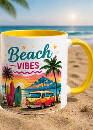 Yellow handled mug with colourful Beach Vibes artwork